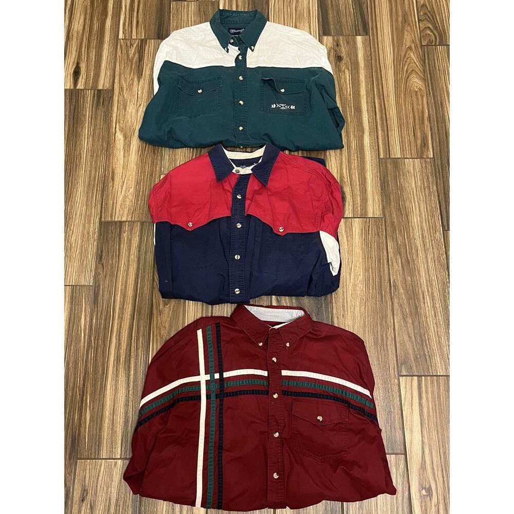 Vintage Lot Of 3 Wrangler Sz Large Western Cowboy Rodeo Button Up Shirt Cotton